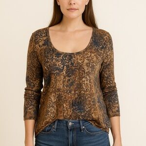 LIZ & CO. LONG SLEEVE SHIRT WITH BLACK, TAN & BROWN DESIGNS SZ XL NWT